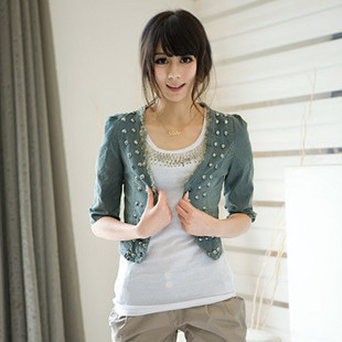 2012 autumn and winter all-match slim short design half sleeve denim material outerwear female fifth sleeve