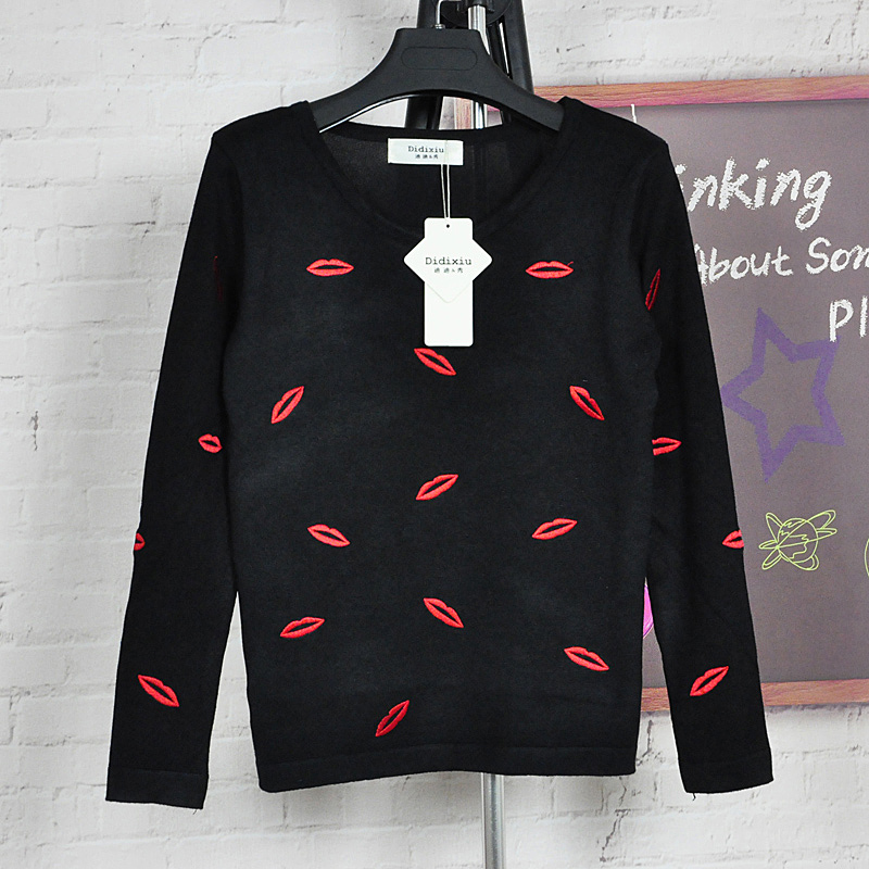 2012 autumn and winter asos sexy red lip three-dimensional embroidery print sweater pullover