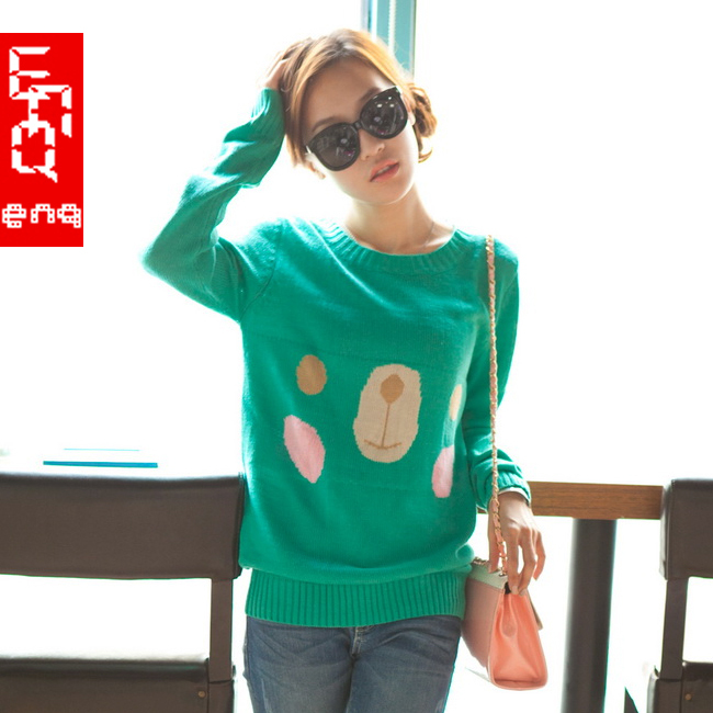 2012 autumn and winter bear smiley long-sleeve o-neck loose medium-long knitted sweater shirt women's