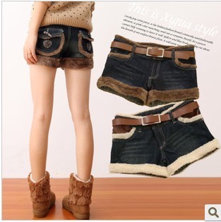 2012 autumn and winter berber fleece denim shorts plus size loose woolen shorts boot cut jeans female