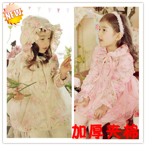 2012 autumn and winter child trench female child gauze thickening trench thickening cotton-padded coat