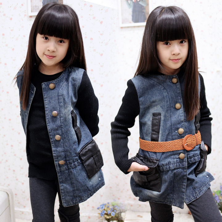 2012 autumn and winter children's clothing female child elegant yarn sleeve length denim coat trench outerwear child