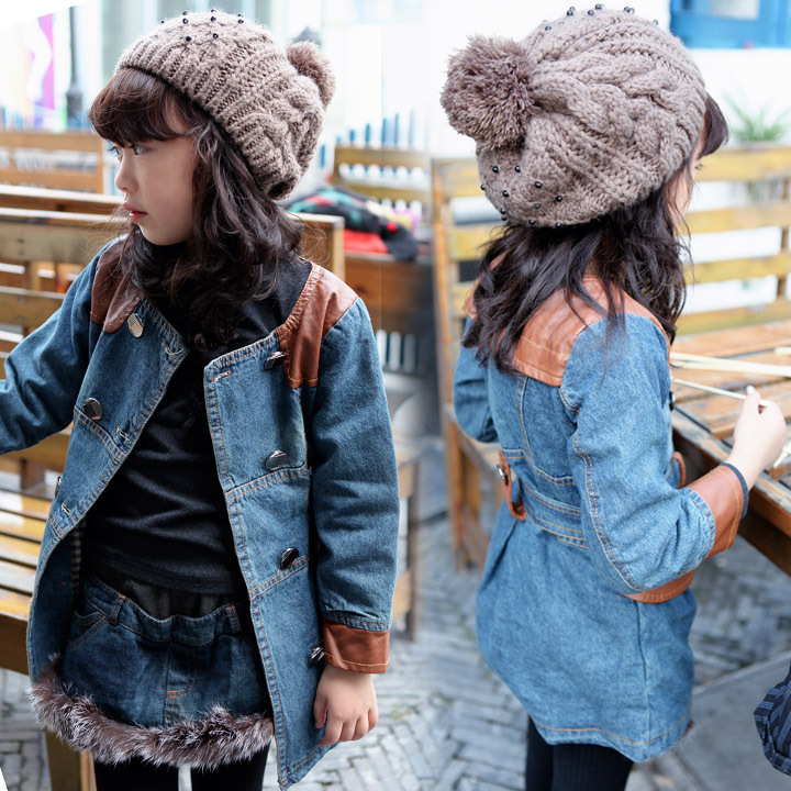 2012 autumn and winter children's clothing female child patchwork double breasted denim coat thickening double layer trench