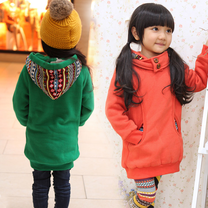 2012 autumn and winter children's clothing female child yarn patchwork with a hood long design sweatshirt thickening outerwear