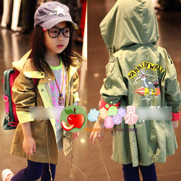 2012 autumn and winter children's clothing outside sport medium-long cartoon windproof outerwear child loose with a hood trench