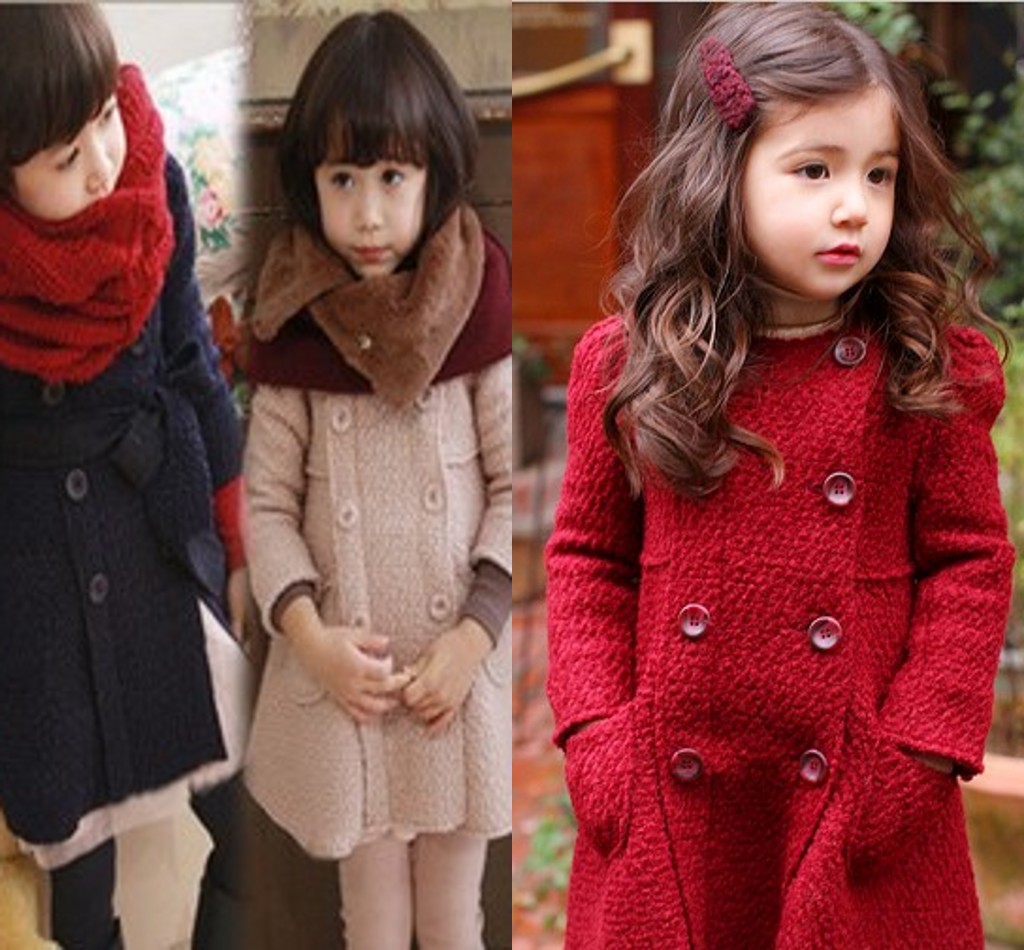 2012 autumn and winter children's clothing solid color double breasted lacing woolen clip padded overcoat female child trench