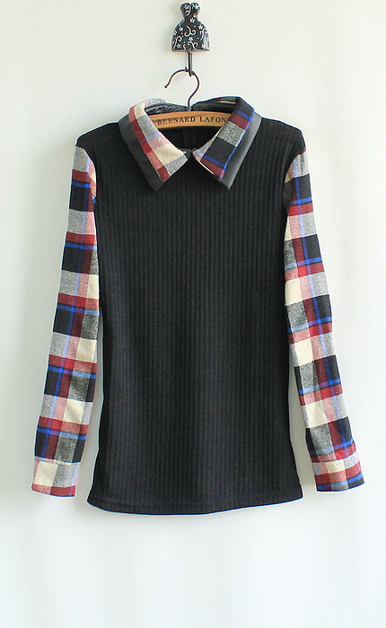 2012 autumn and winter color block vintage all-match patchwork plaid faux leather double turn-down collar metal top tee