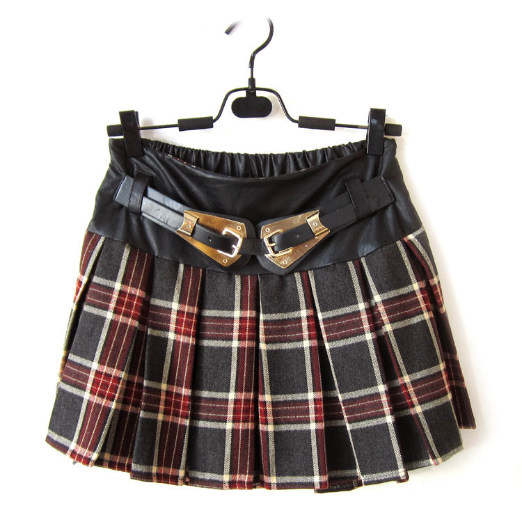 2012 autumn and winter elegant thick pleated miniskirt plaid black safety pants 2035 Leather