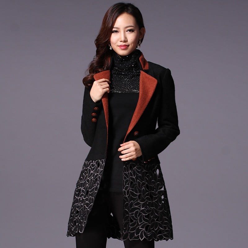 2012 autumn and winter europe style sweep cutout embroidered slim wool outerwear trench