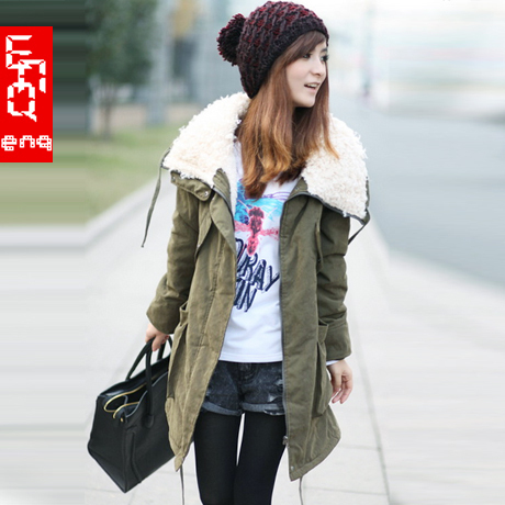 2012 autumn and winter fashion berber fleece military thickening thermal wadded jacket large lapel medium-long Army Green