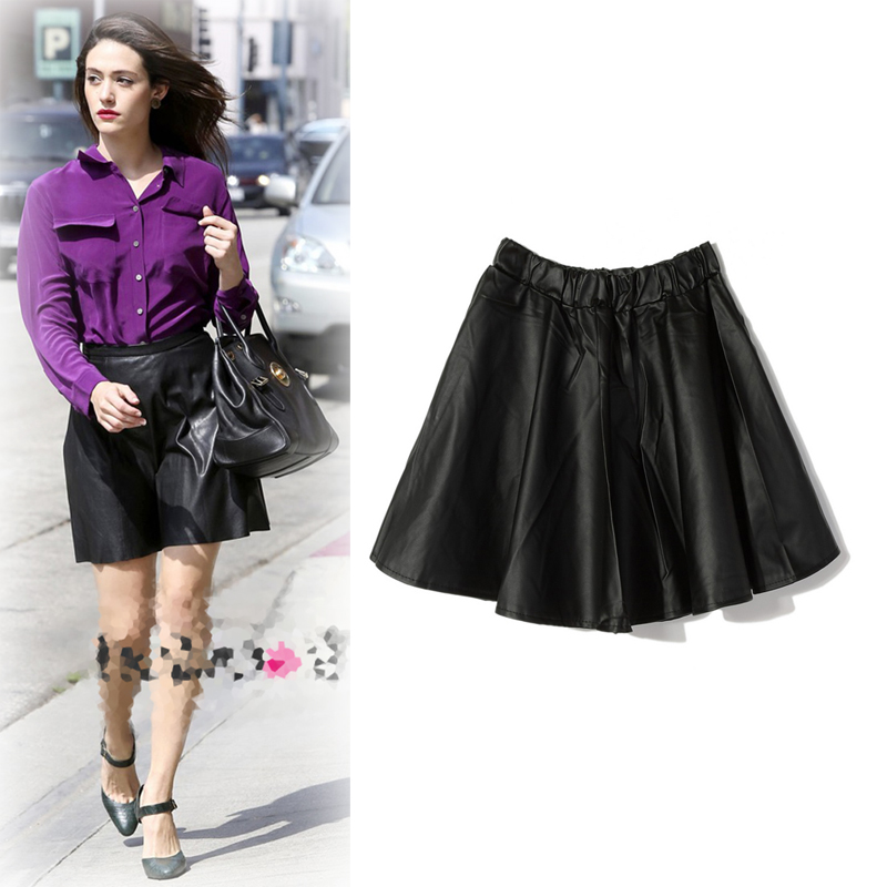 2012 autumn and winter fashion black elastic waist slim expansion bottom bust skirt pleated skirt leather skirt short skirt