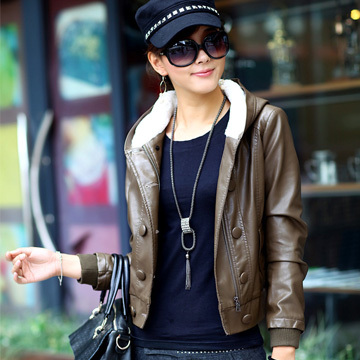 2012 autumn and winter fashion double breasted hooded short design water wash short design leather clothing female