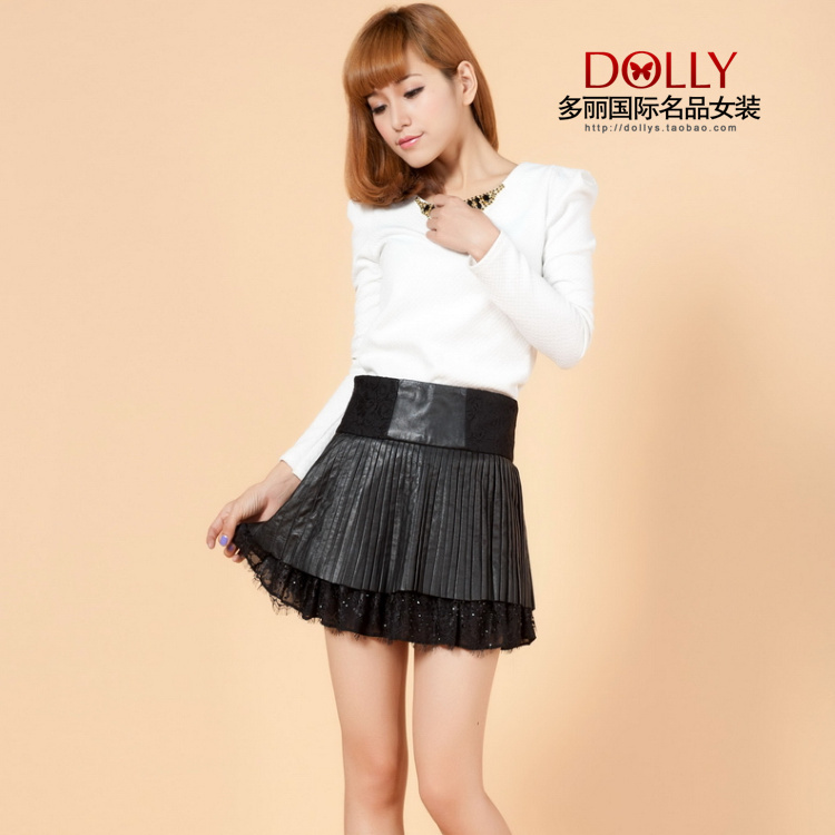 2012 autumn and winter fashion high quality women's high waist elegant sweet leather pleated skirt