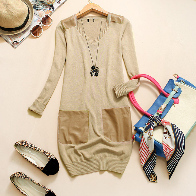 2012 autumn and winter fashion hm PU patchwork pocket long design women's sweater