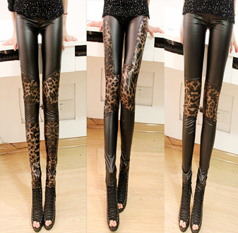 2012 autumn and winter fashion leopard print legging tights faux leather pants patchwork female matt faux leather legging autumn