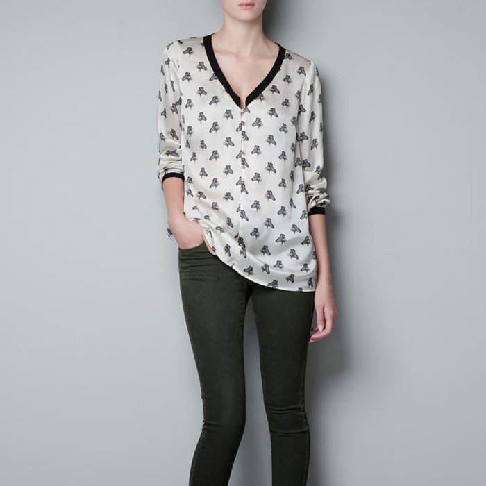 2012 Autumn and Winter Fashion Milky Zebra head Print design V-neck Blouses & Shirts Women 8809