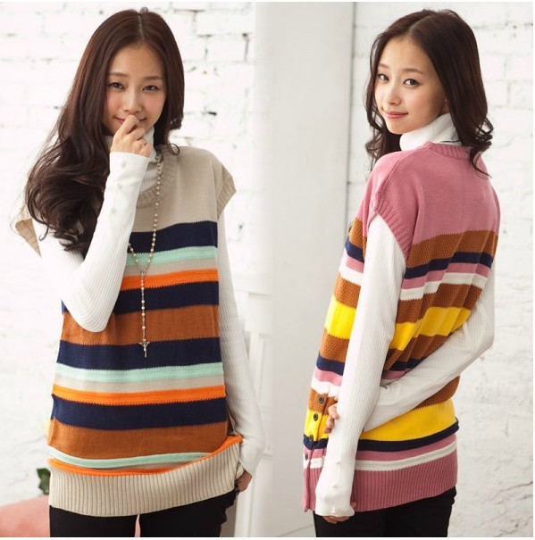 2012 autumn and winter fashion o-neck sleeveless multicolour stripe straight medium-long sweater