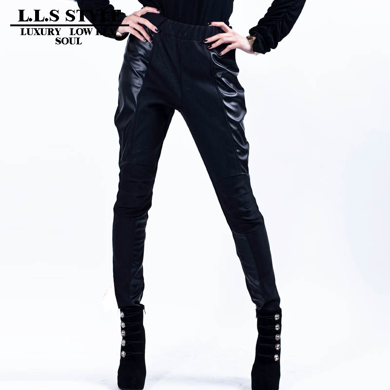 2012 autumn and winter fashion pants handsome patchwork elastic pants skinny pants leather pants thickening legging