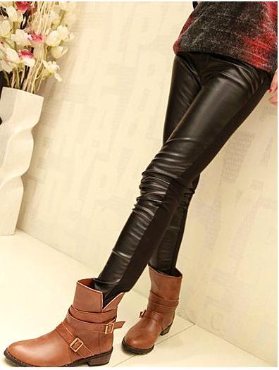 2012 autumn and winter fashion patchwork leather pants female legging faux leather pants tight black trousers dull female