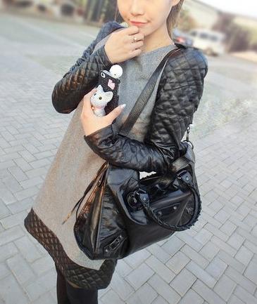 2012 autumn and winter fashion plaid leather woolen slim one-piece dress ,Free shipping