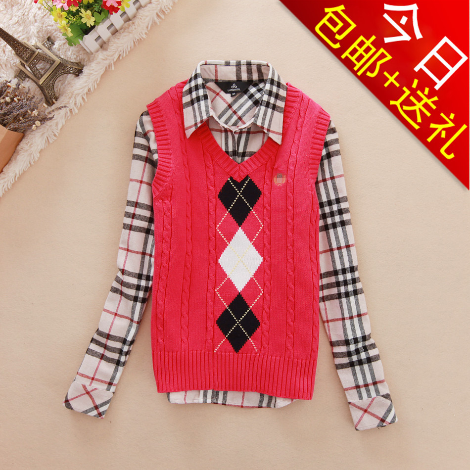 2012 autumn and winter fashion preppy style female V-neck small plaid sweater vest wool waistcoat outerwear