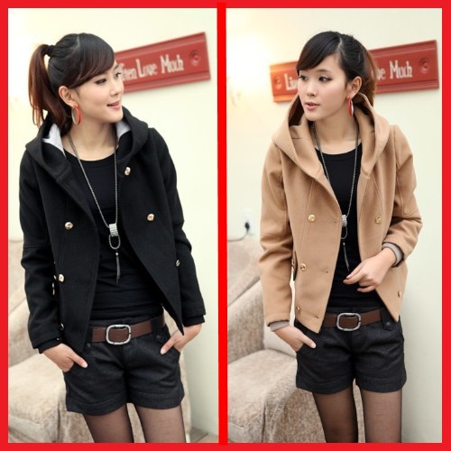 2012 autumn and winter fashion preppy style hooded double breasted woolen women's short jacket