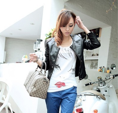 2012 autumn and winter fashion PU clothing outerwear personality rivet o-neck short jacket female motorcycle outerwear