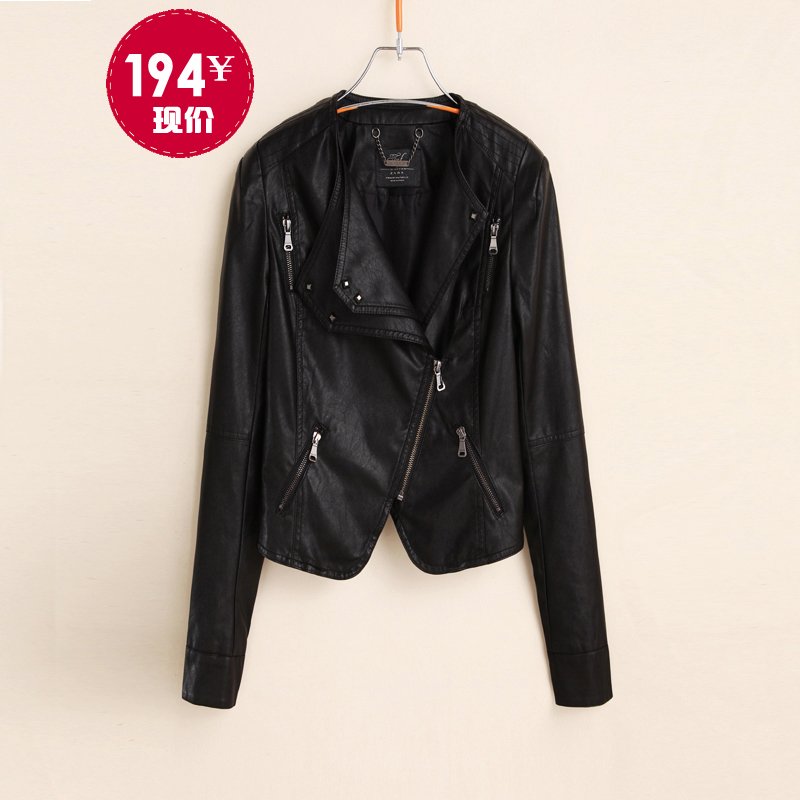 2012 autumn and winter fashion slim collarless long-sleeve oblique zipper double layer short design leather clothing