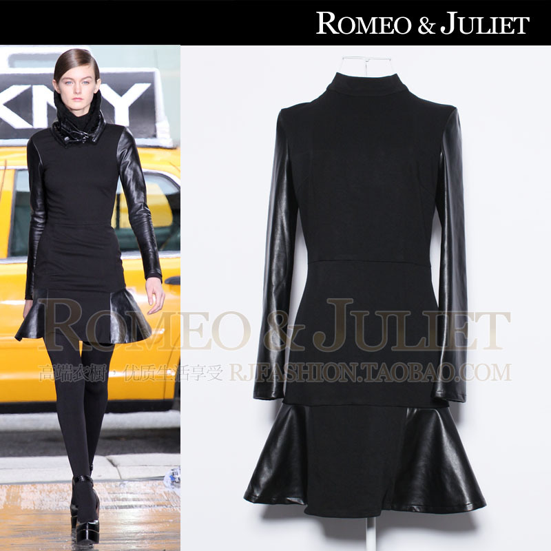 2012 autumn and winter fashion women's perfect slim PU patchwork fish tail sweep long-sleeve leather skirt one-piece dress