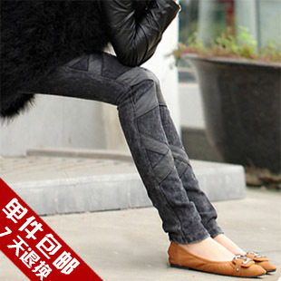 2012 autumn and winter faux leather patchwork faux denim legging tight fitting female elastic waist pencil pants
