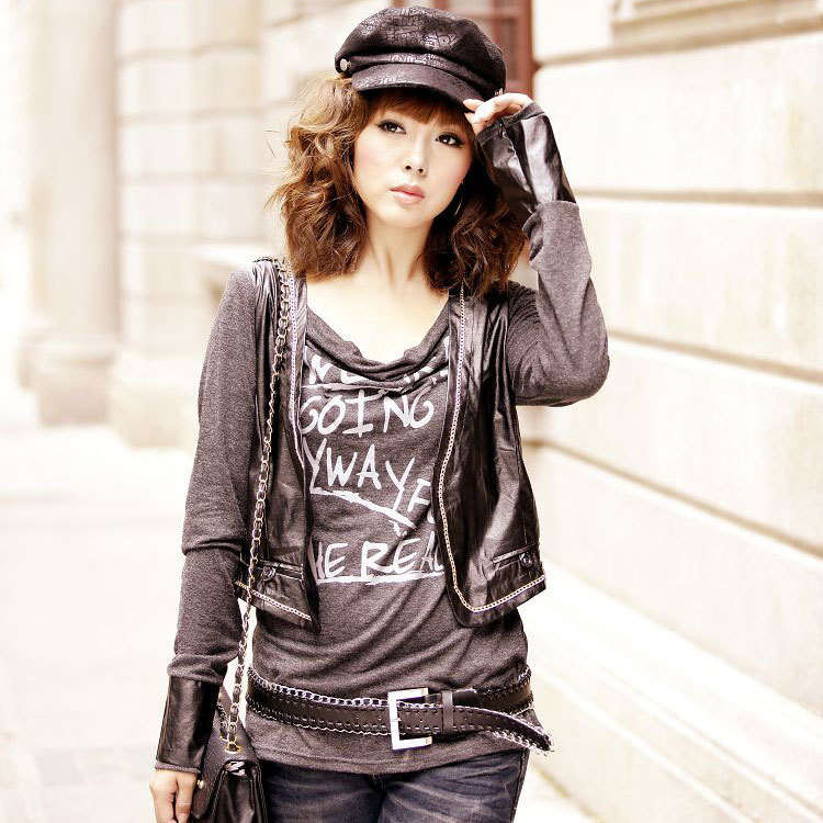 2012 autumn and winter faux two piece set patchwork leather vest long-sleeve T-shirt t trend