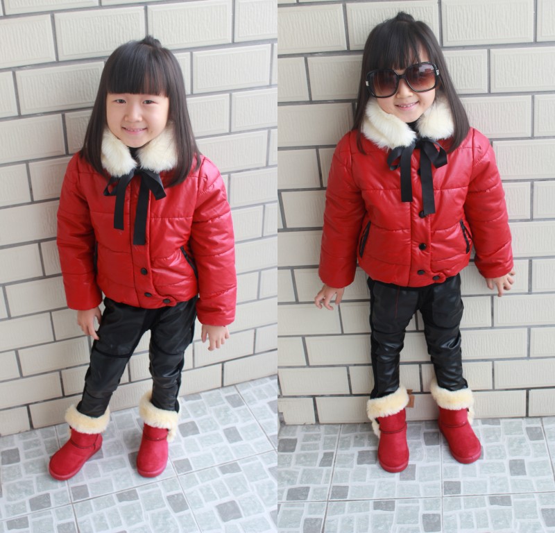 2012 autumn and winter female child short design PU clothing girls outerwear clothing thicken fur collar leather jacket