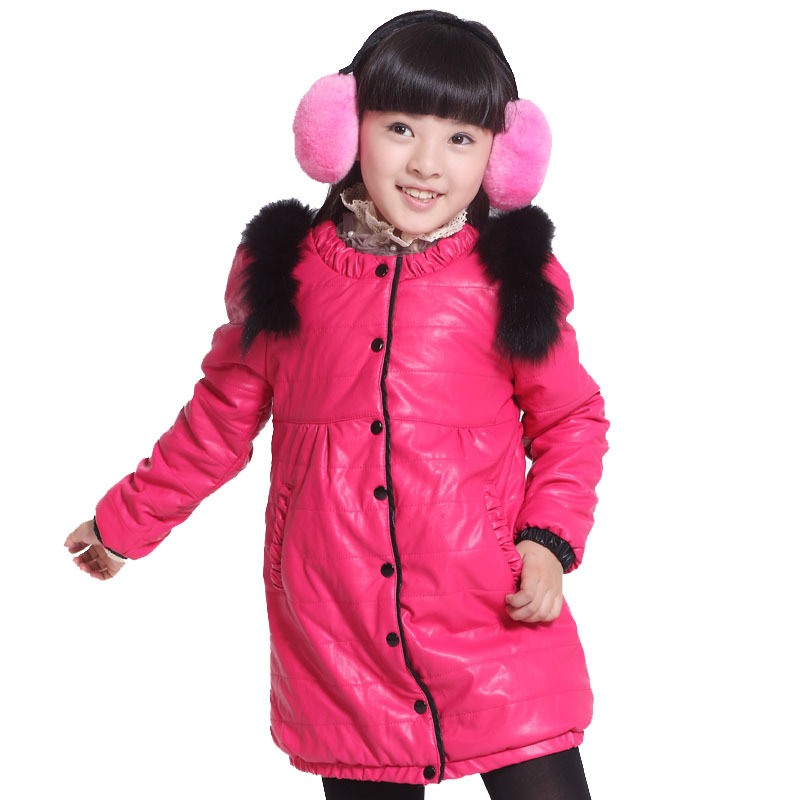 2012 autumn and winter female child wadded jacket cotton-padded jacket o-neck outerwear faux leather trench long design