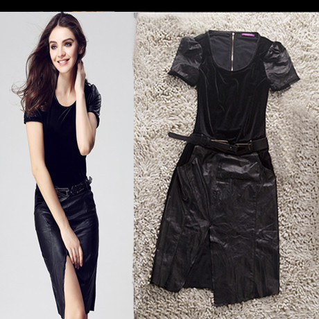 2012 autumn and winter female fashion velvet patchwork slim one-piece dress autumn slim hip genuine leather skirt