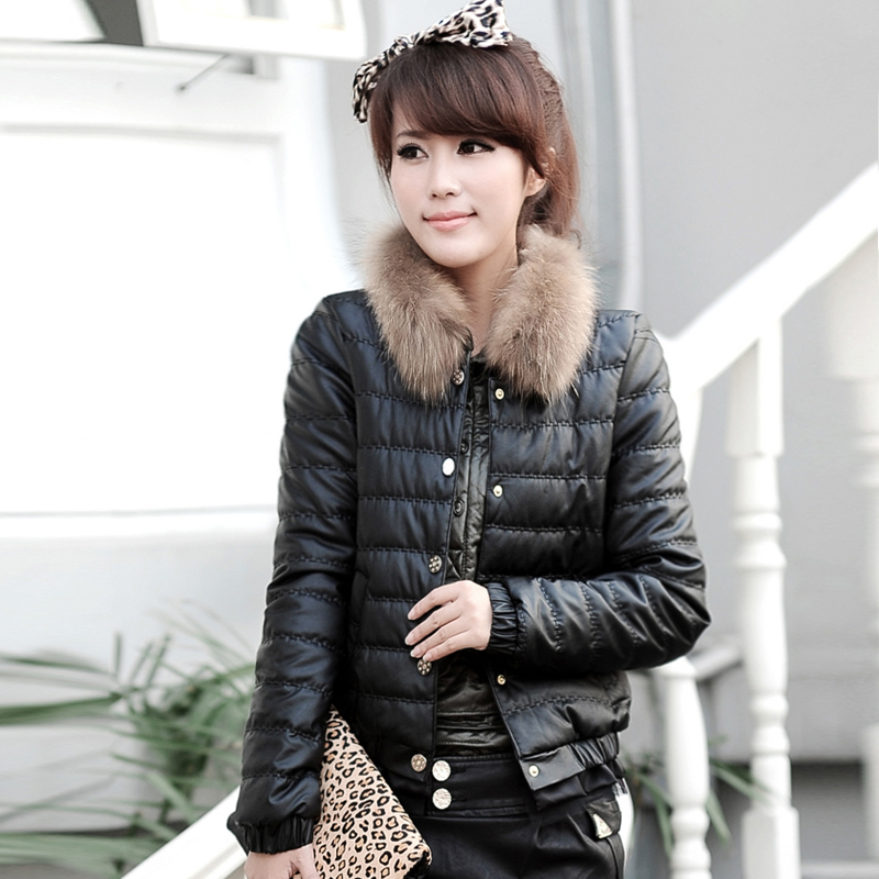2012 autumn and winter female fox fur lace decoration short design leather wadded jacket fur collar 1908