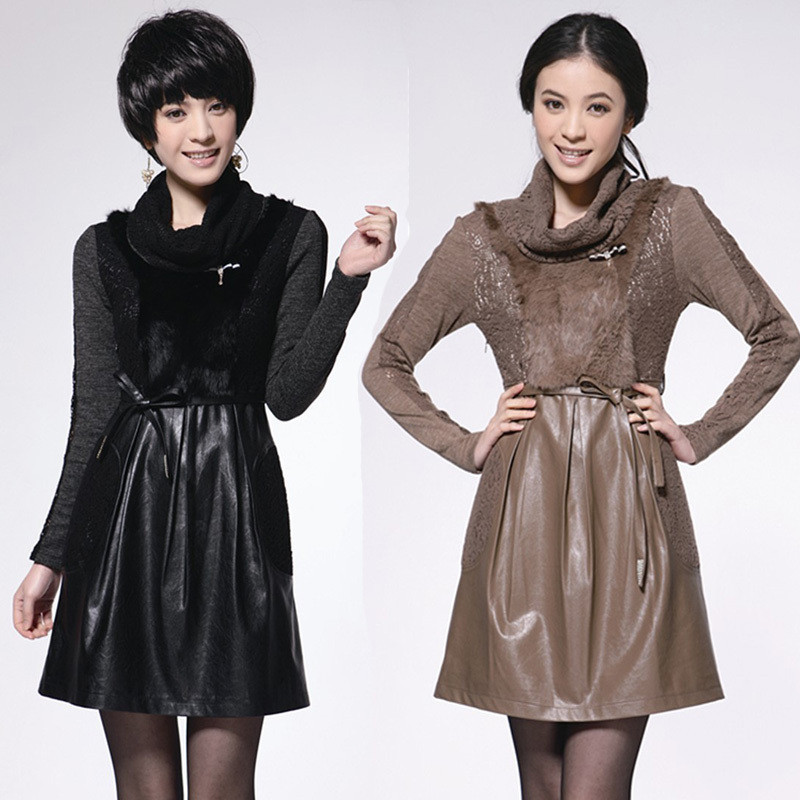 2012 autumn and winter female l lace long-sleeve rabbit fur patchwork leather skirt PU quality one-piece dress SS11