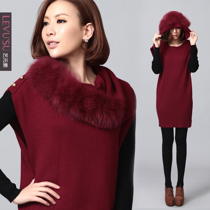 2012 autumn and winter fox fur leather muffler scarf noble sleeveless o-neck sweater one-piece dress