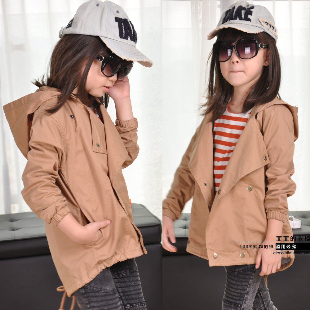 2012 autumn and winter girls clothing child trench jacket outerwear double breasted hoodie 100% cotton lining