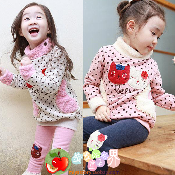 2012 autumn and winter girls clothing stand collar double slider kitten embroidered space cotton thickening thermal sweatshirt