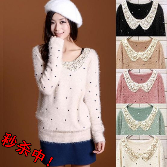 2012 autumn and winter gold paillette butterfly collar polka dot pullover embroidery sweater female long-sleeve loose outerwear