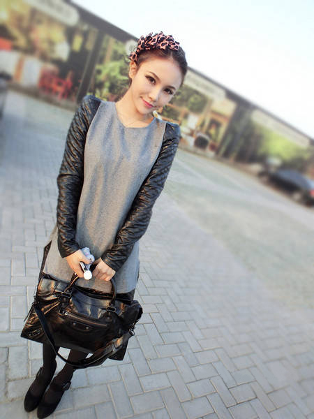 2012 autumn and winter high quality leather mosaic long-sleeve basic woolen shirt plus size elegant slim one-piece dress