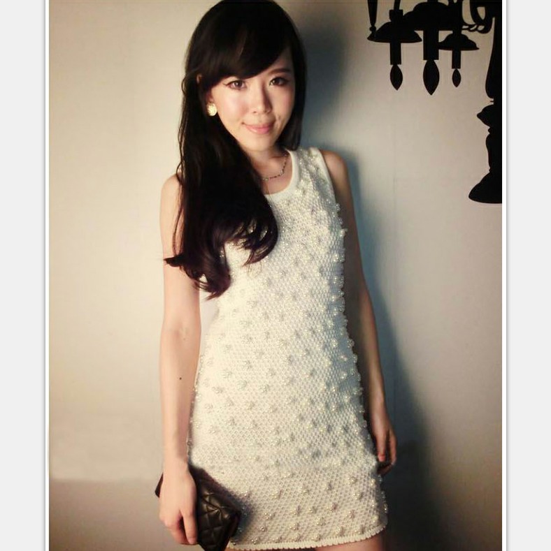 2012 autumn and winter hot-selling sweet ladies handmade pearl beading slim sweater tank dress