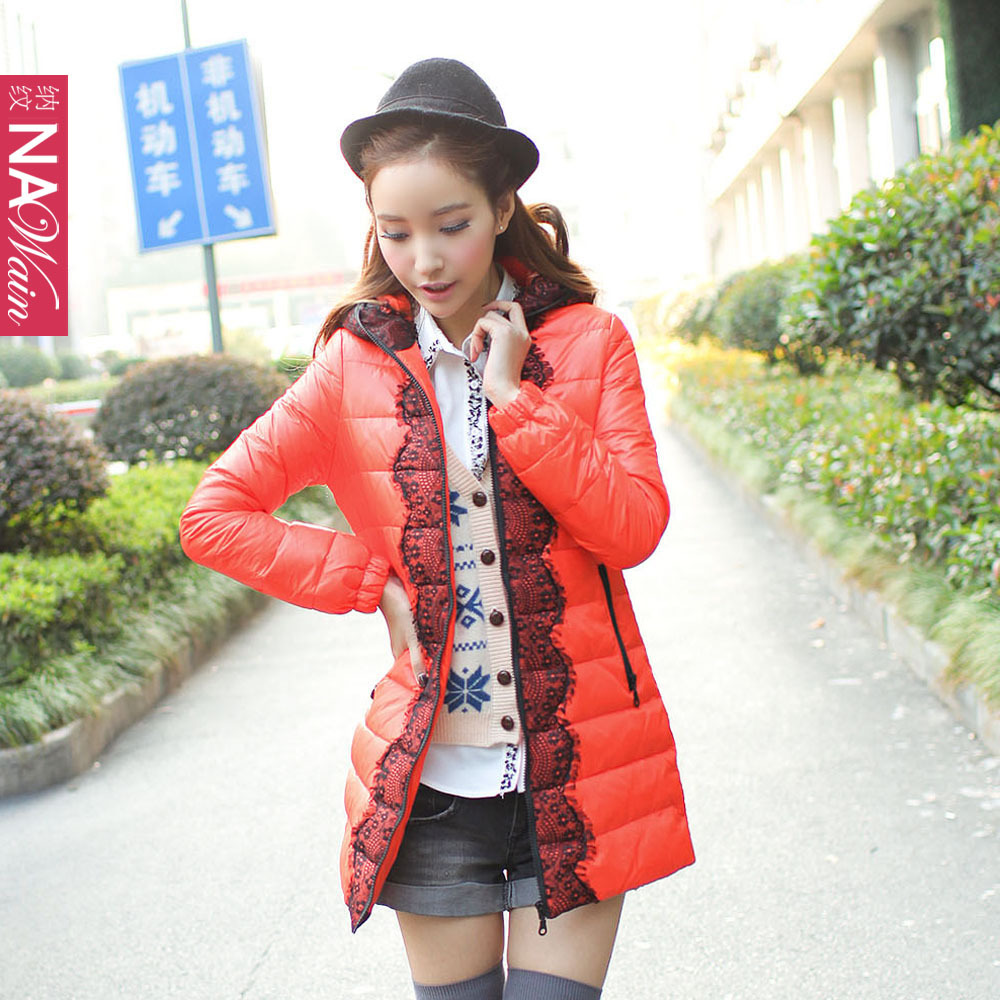 2012 autumn and winter lace decoration outerwear down coat female long design 03706