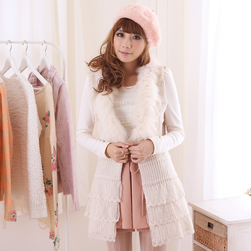 2012 autumn and winter lace patchwork cardigan all-match high quality sleeveless fur collar sweater