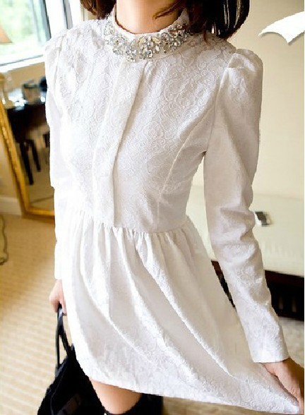 2012 autumn and winter ladies stand collar rhinestone slim lace long-sleeve women's one-piece dress