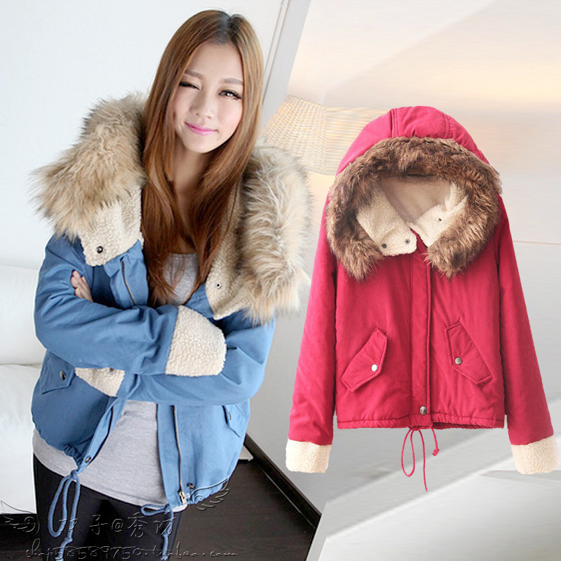 2012 autumn and winter large fur collar short design loose long-sleeve with a hood wadded jacket sweet preppy style outerwear