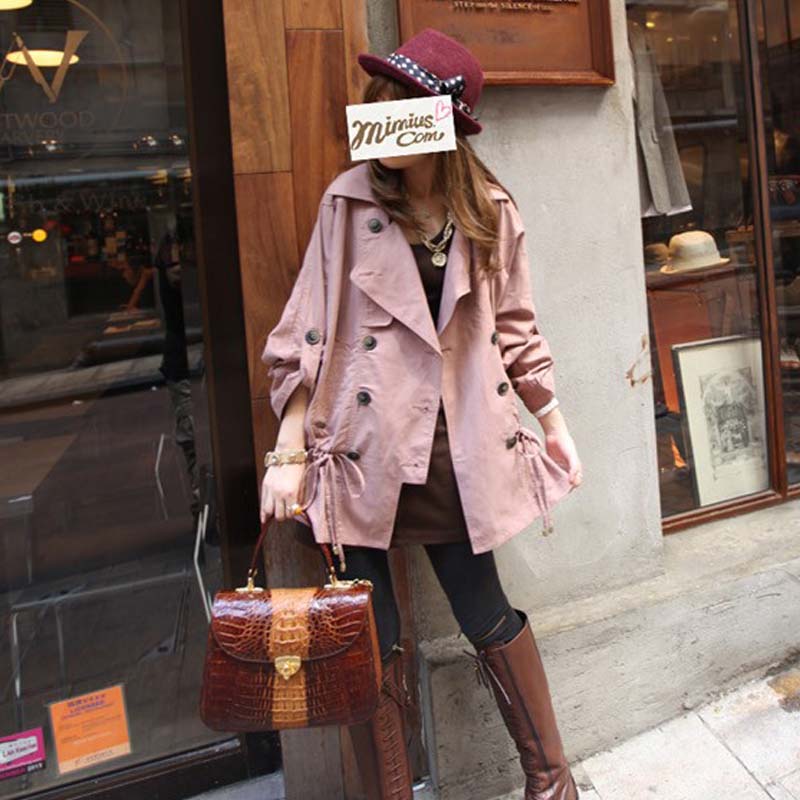 2012 autumn and winter leather red turn-down collar double breasted loose drawstring loose trench outerwear TT