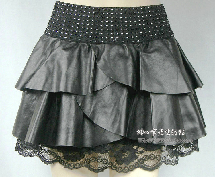 2012 autumn and winter leather skirt lace genuine leather short skirt sheepskin elastic waist puff skirt layered dress bust