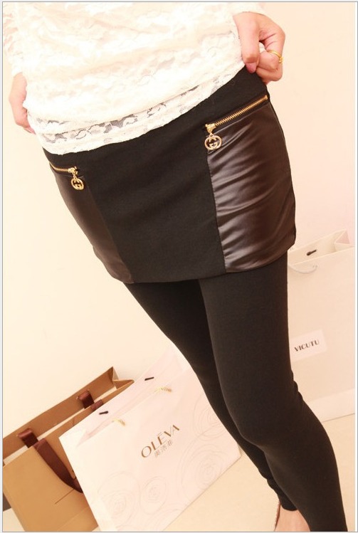 2012 autumn and winter legging double zipper leather patchwork faux two piece basic skirt skorts c138