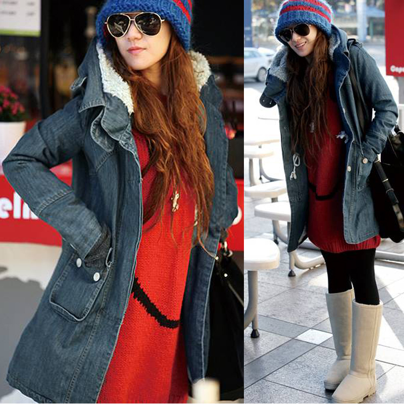 2012 autumn and winter long design thickening women's denim outerwear trench outerwear